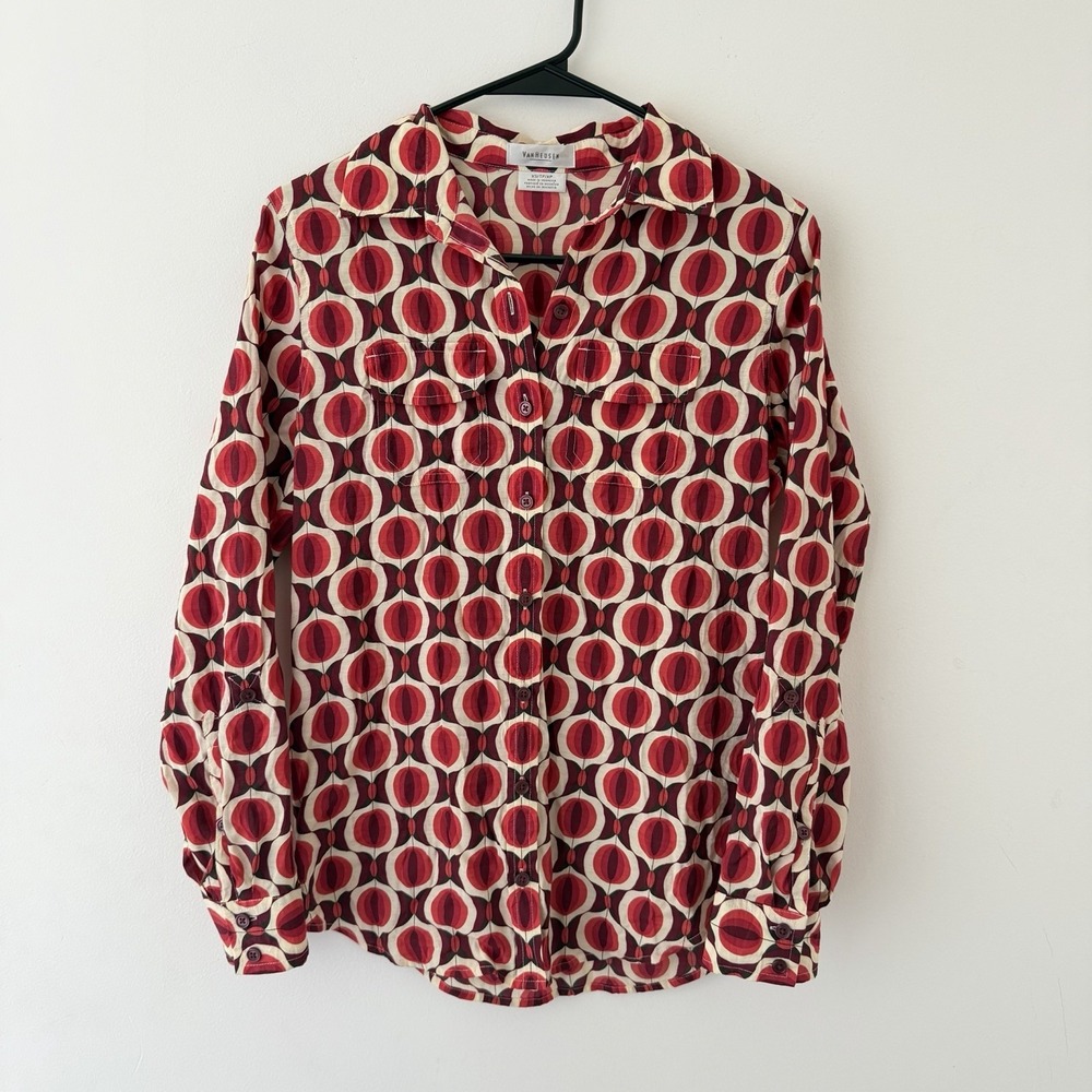 Mod Geometric Print Blouse Red Cream Retro Graphic‎ Button Up Statement Top XS